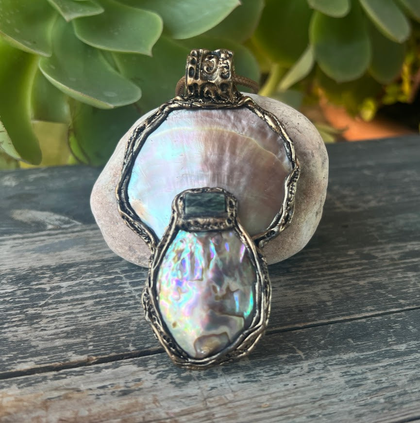 Mother of Pearl Necklace with Abalone and Epidote - Statement Shell Jewelry
