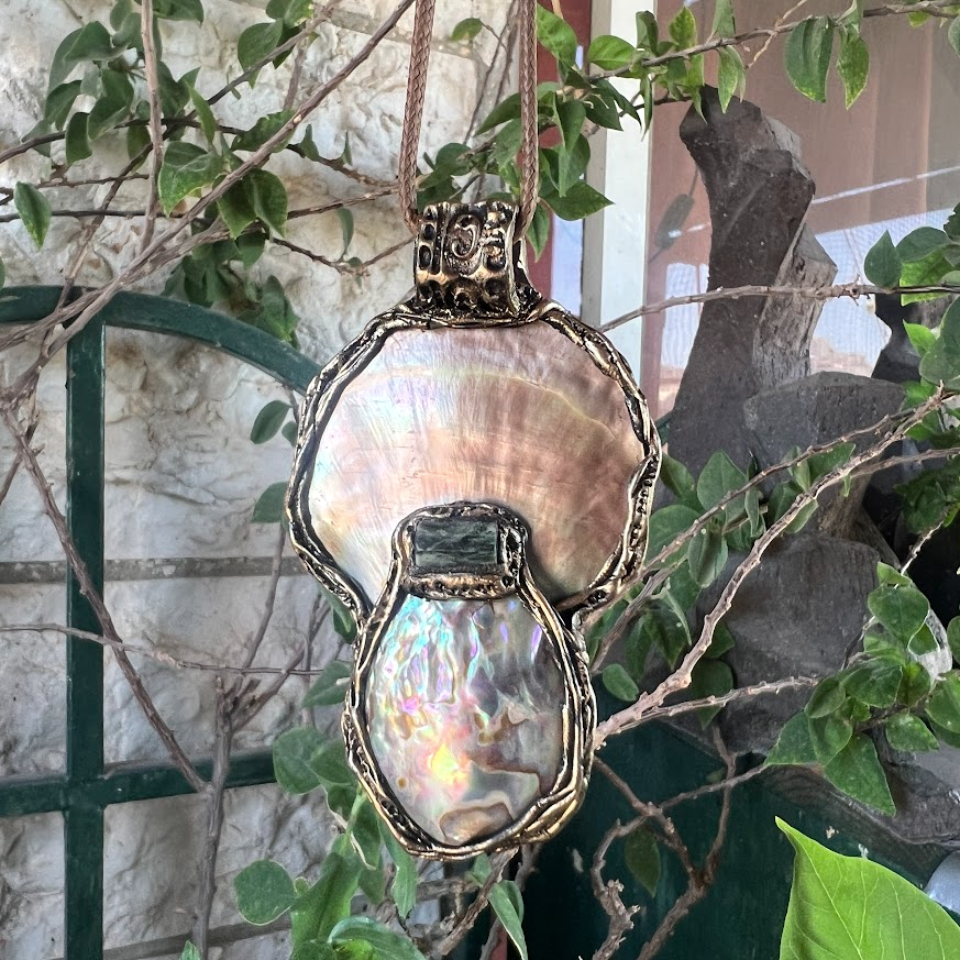 Mother of Pearl Necklace with Abalone and Epidote - Statement Shell Jewelry