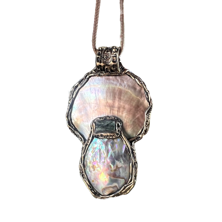 Mother of Pearl Necklace with Abalone and Epidote - Statement Shell Jewelry