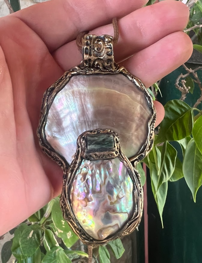 Mother of Pearl Necklace with Abalone and Epidote - Statement Shell Jewelry