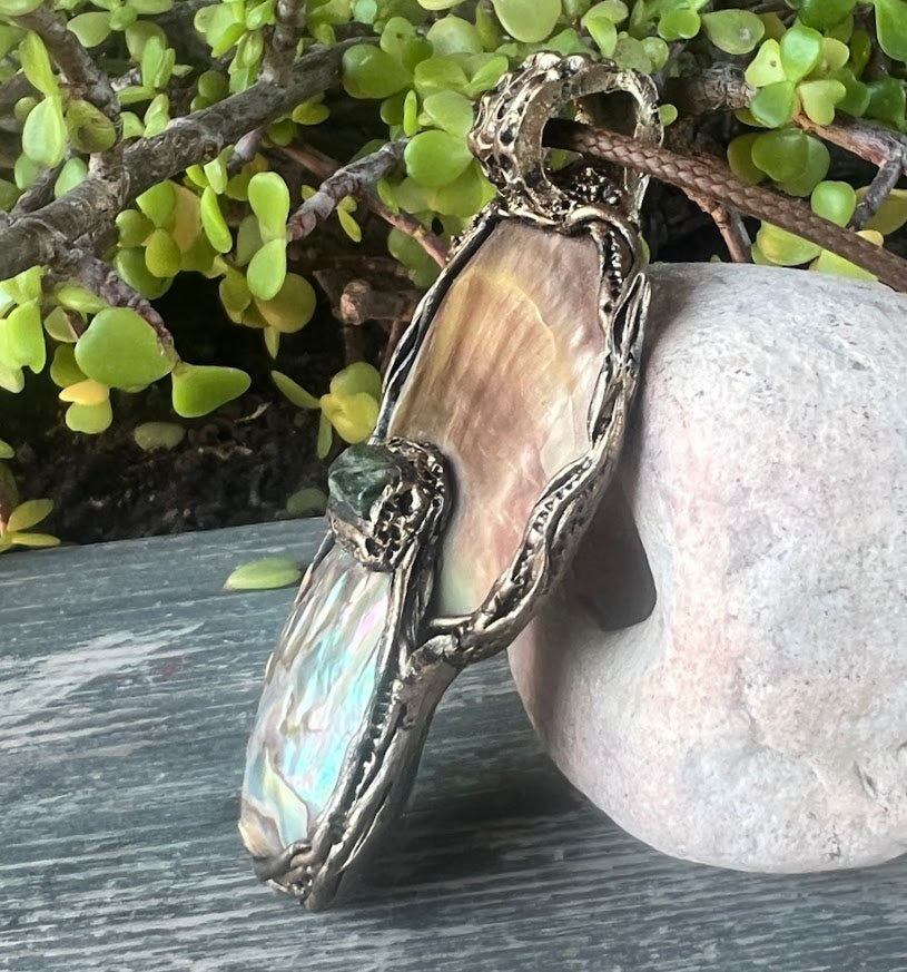 Mother of Pearl Necklace with Abalone and Epidote - Statement Shell Jewelry