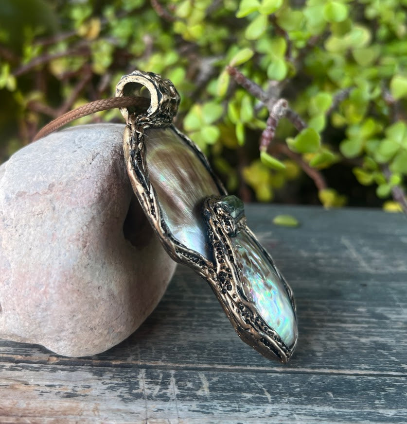 Mother of Pearl Necklace with Abalone and Epidote - Statement Shell Jewelry