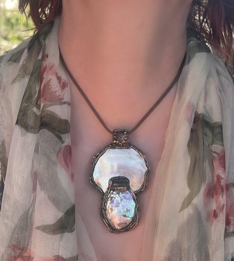Mother of Pearl Necklace with Abalone and Epidote - Statement Shell Jewelry