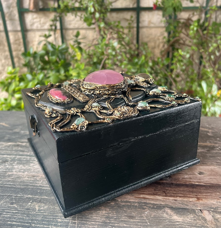 Decorative wooden box with natural stones and crystals, Handmade Home Decor