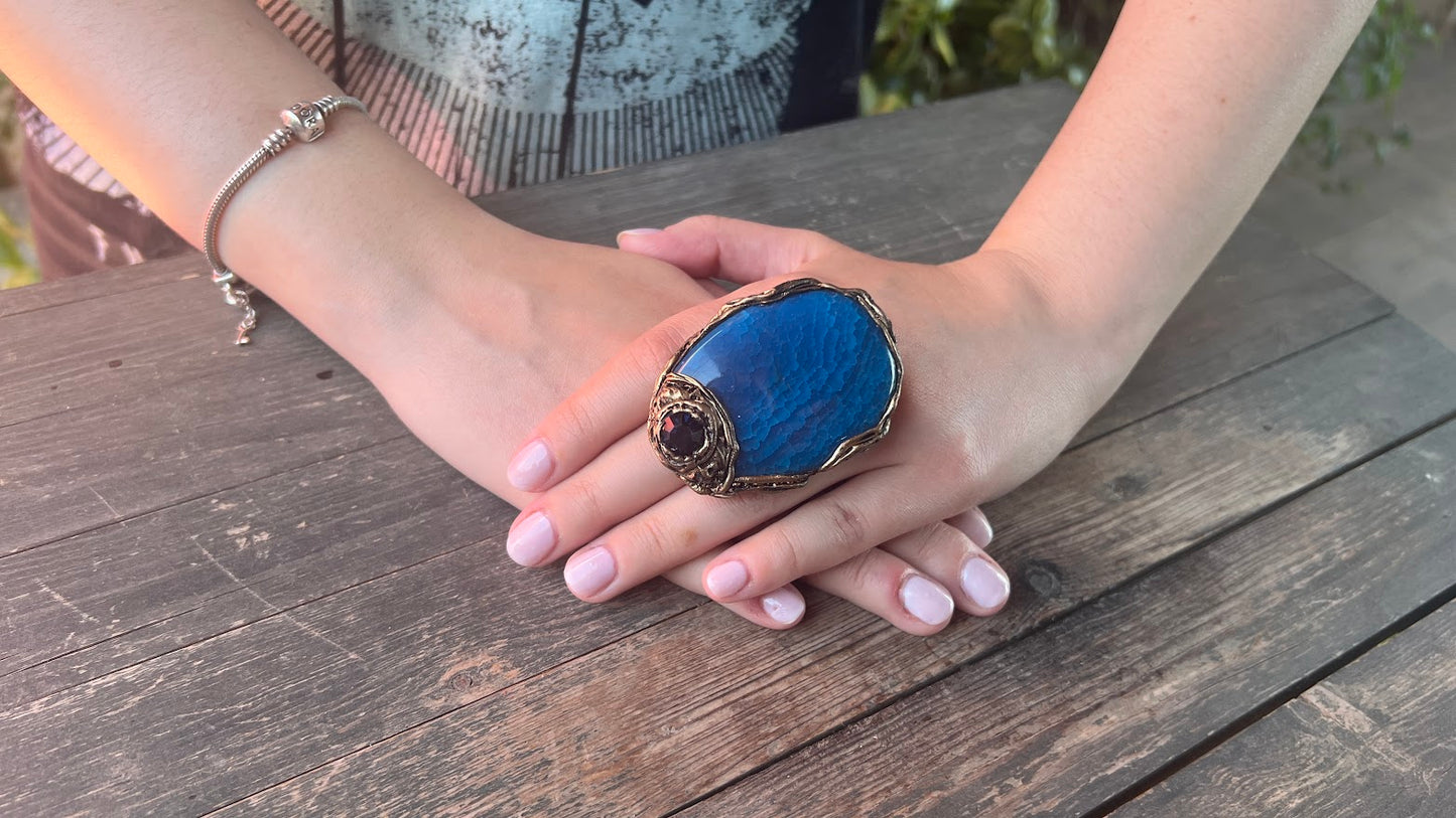 Blue Agate Big Chunky Huge Stone Ring, Statement Large Cocktail Ring