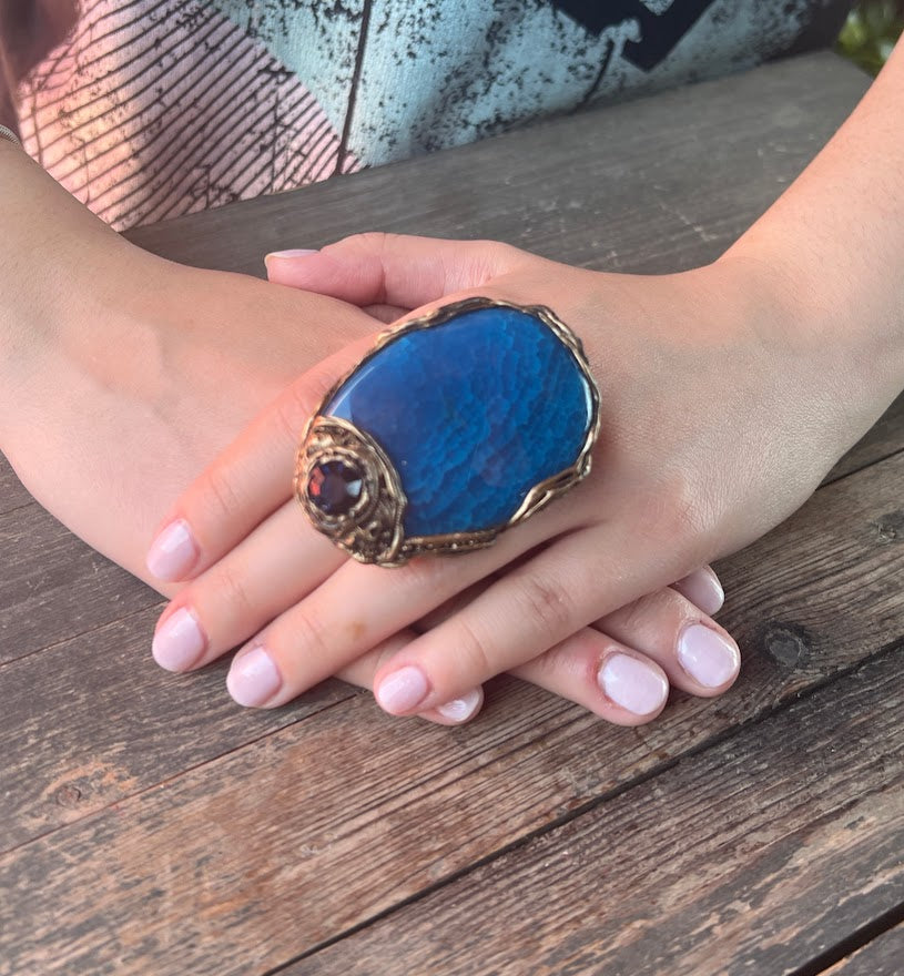 Blue Agate Big Chunky Huge Stone Ring, Statement Large Cocktail Ring