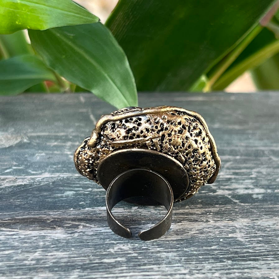 Amber & Ammonite Fossil Ring - Chunky Gemstone Statement Jewelry