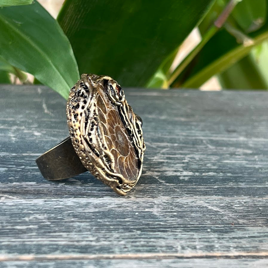 Amber & Ammonite Fossil Ring - Chunky Gemstone Statement Jewelry