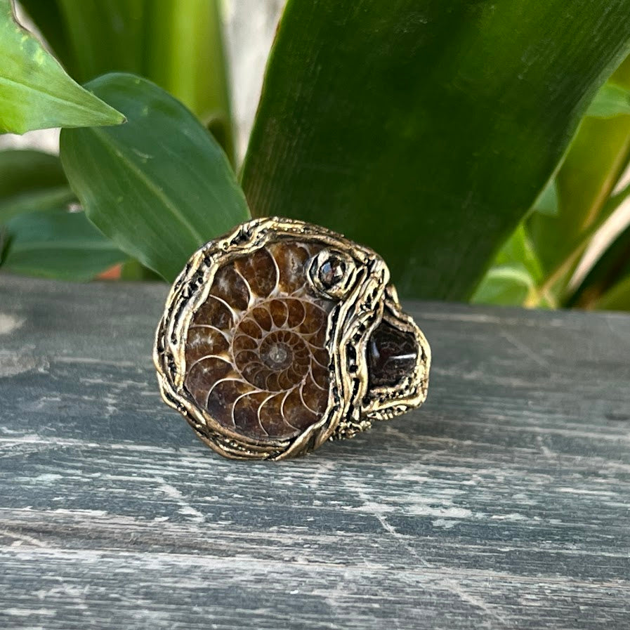 Amber & Ammonite Fossil Ring - Chunky Gemstone Statement Jewelry