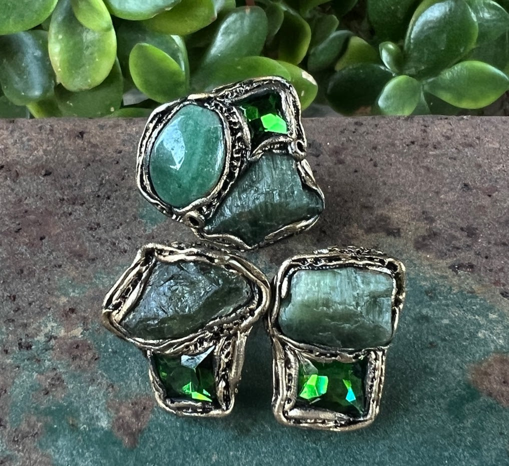 Green Aventurine & Apatite Large Stone Ring, Chunky Raw Crystal Cocktail Ring