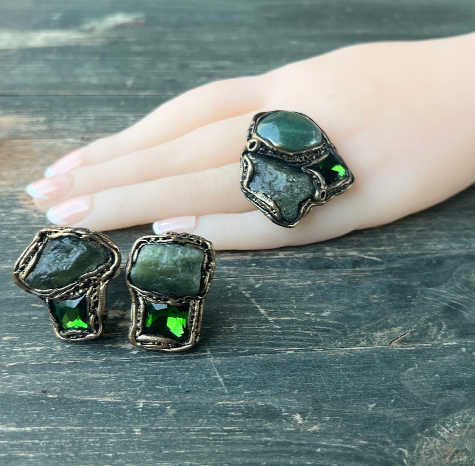 Green Aventurine & Apatite Large Stone Ring, Chunky Raw Crystal Cocktail Ring