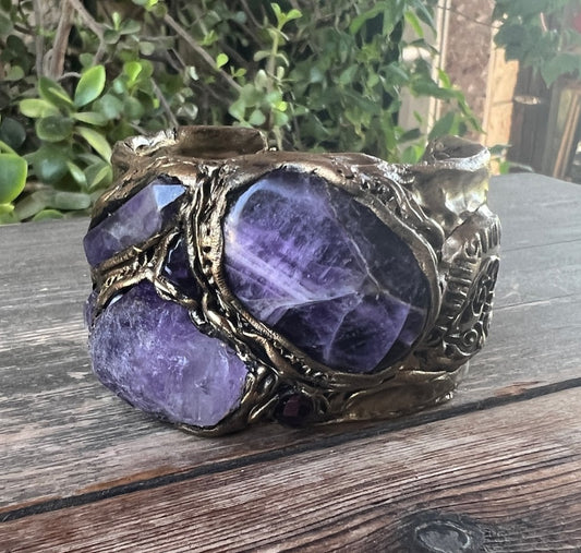 Amethyst Cuff Healing Crystal Bracelet, Boho Purple Stone Bracelet