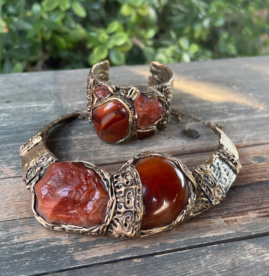 Chunky Carnelian Gemstone Raw Crystal Bracelet, Boho Cuff Bracelet