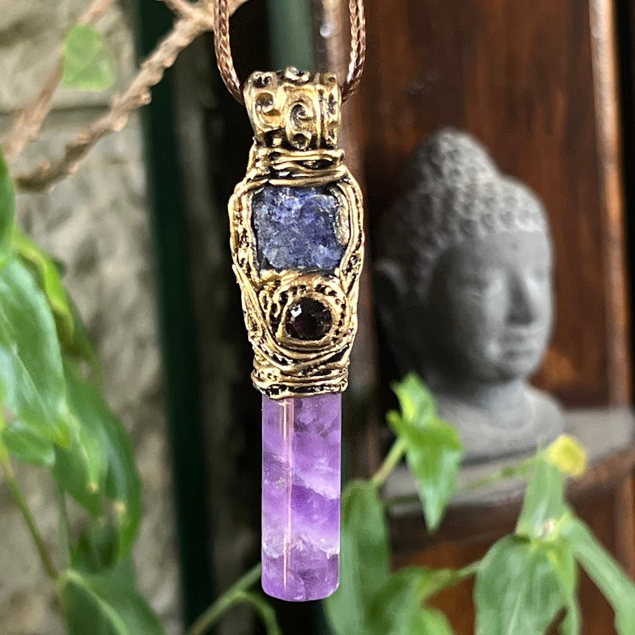 Amethyst & Tanzanite Pendant - Raw Crystal Healing Necklace