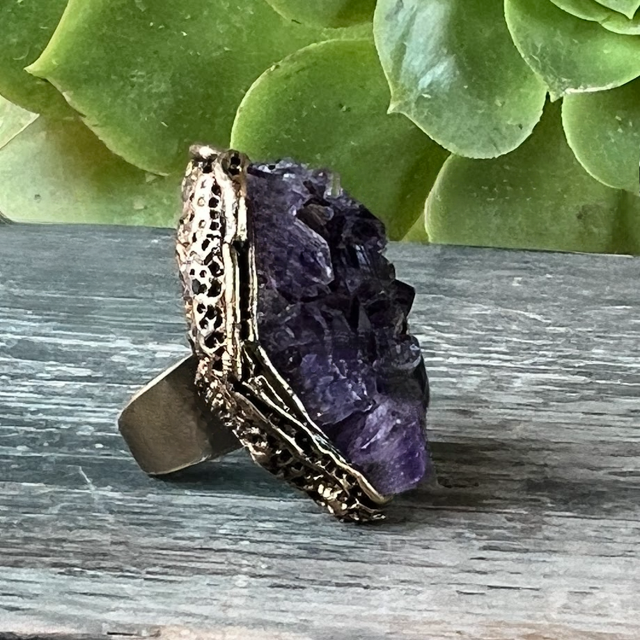 Chunky Amethyst Geode Ring - Statement Crystal Jewelry