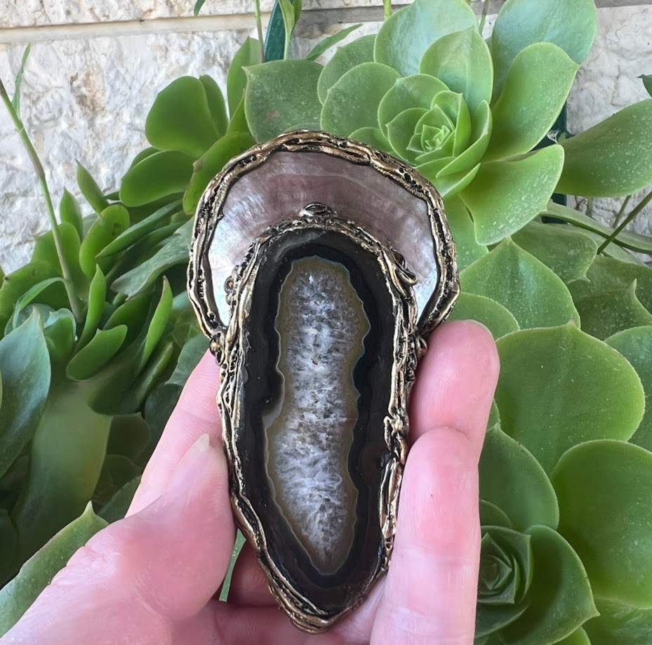 Large Brooch with Agate and Mother of Pearl  -  Statement Designer Costume Jewelry