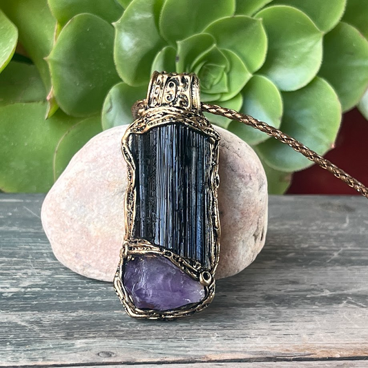 Empath Protection Amulet with Black Tourmaline & Amethyst Necklace - Spiritual Jewelry Gift