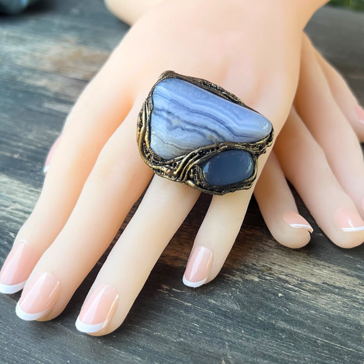 Chunky Blue Lace Agate and Chalcedony Large Stone Ring, Statement Huge Oversized Cocktail Ring