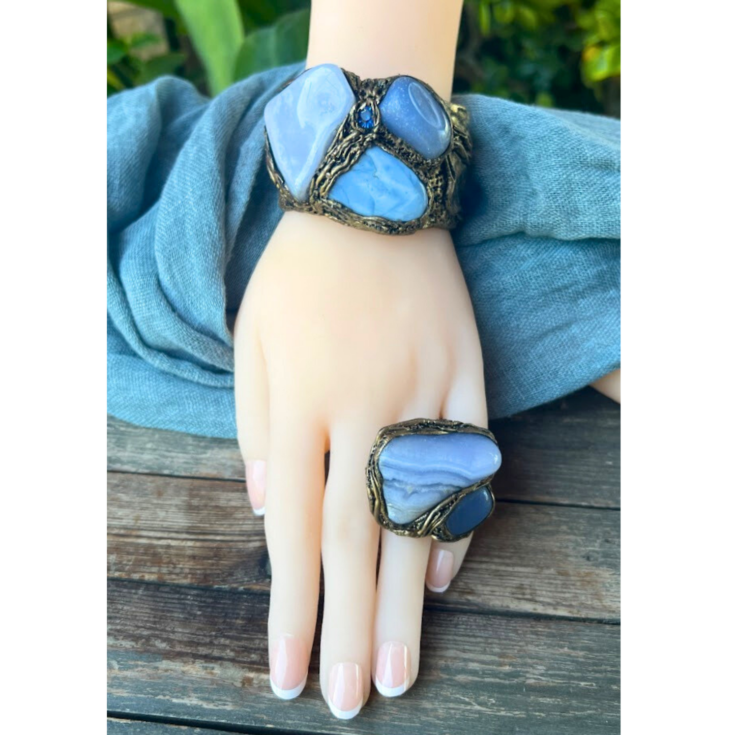 Chunky Blue Lace Agate and Chalcedony Large Stone Ring, Statement Huge Oversized Cocktail Ring
