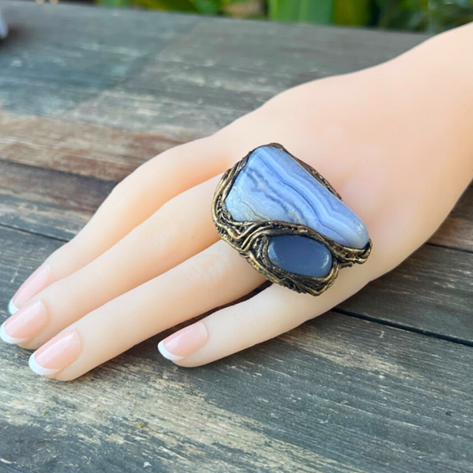 Chunky Blue Lace Agate and Chalcedony Large Stone Ring, Statement Huge Oversized Cocktail Ring