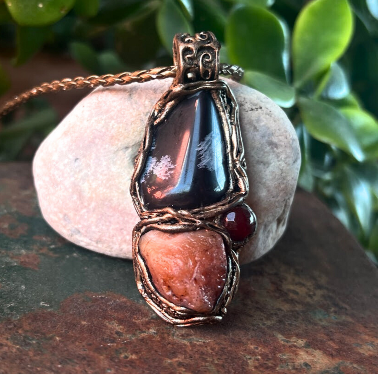 Snowflake Obsidian and Carnelian Raw Crystal Pendant Necklace, Large Stone Healing Amulet for Balance and Energy