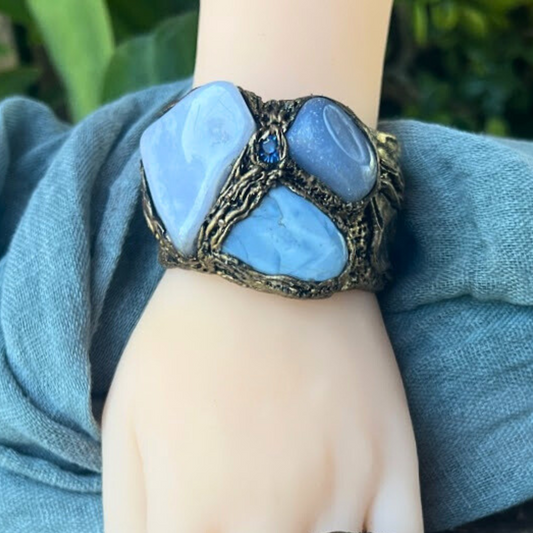 Blue Lace Agate, Chalcedony and Opal Raw Crystal Bracelet, Boho Statement Cuff