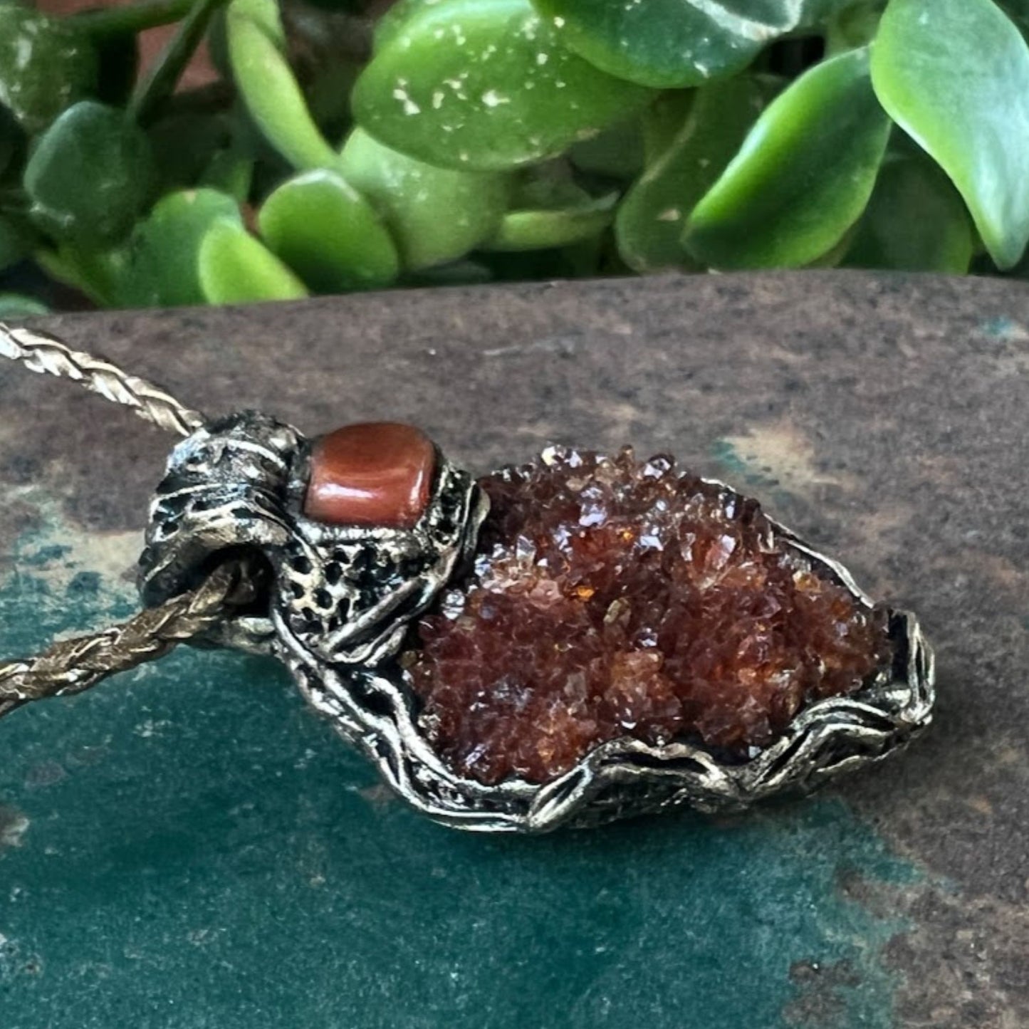 Citrine and Carnelian Geode Necklace, Raw Crystal Cluster Pendant, Good Luck Amulet