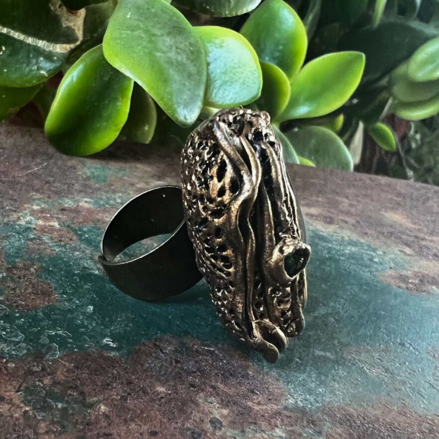 Moss Agate Chunky Big Green Stone Ring, Huge Triangle Large Cocktail Ring for New Beginnings