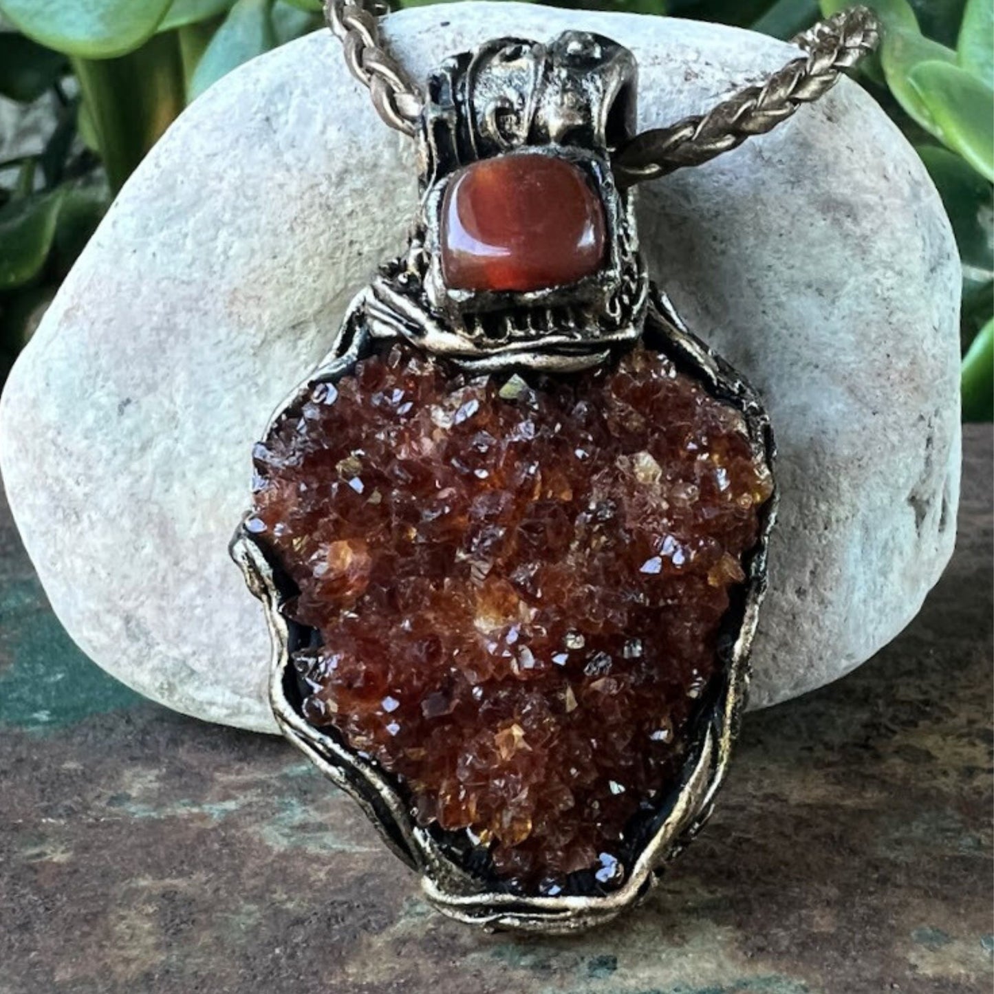 Citrine and Carnelian Geode Necklace, Raw Crystal Cluster Pendant, Good Luck Amulet