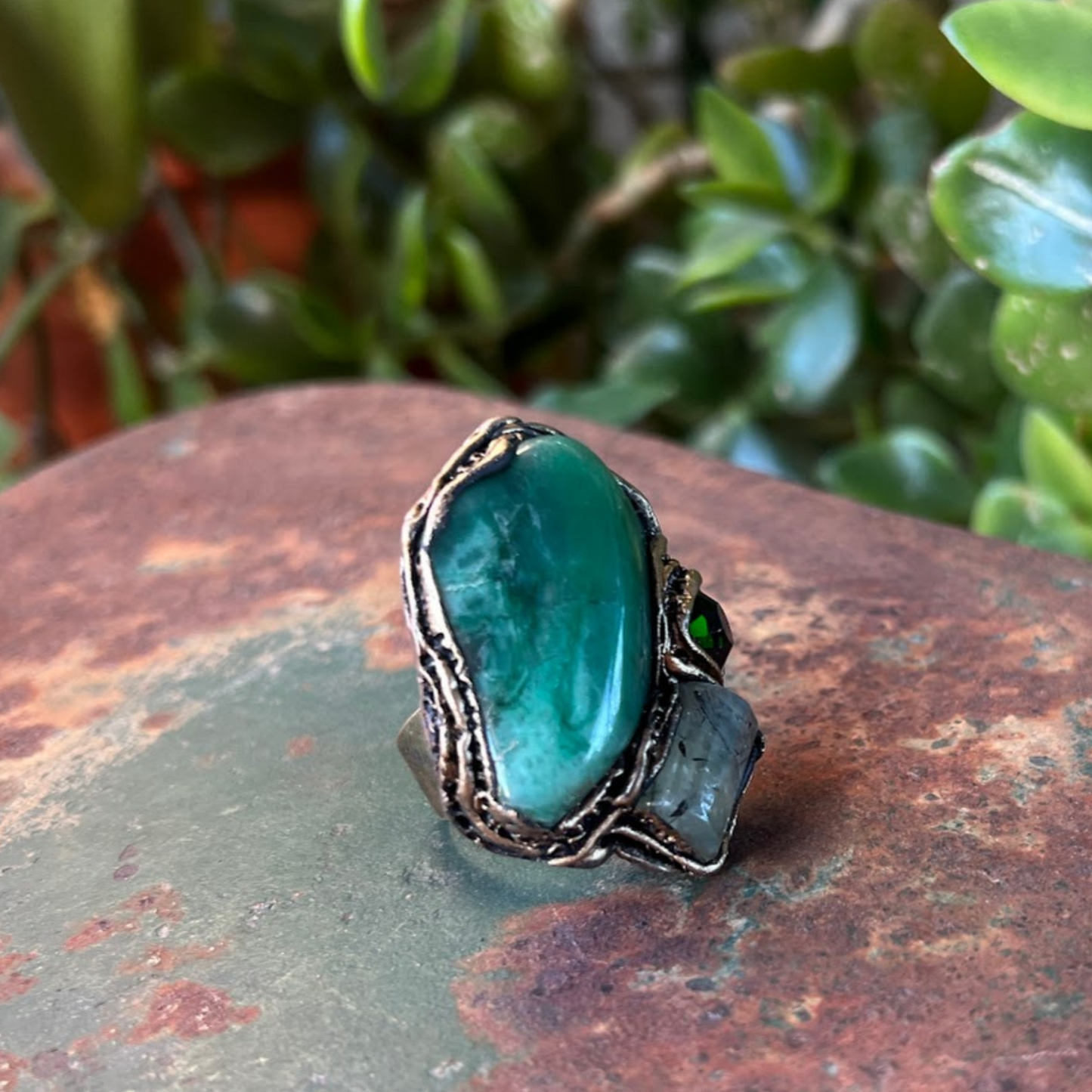 Buddstone and Prehnite Chunky Large Stone Ring, Statement Huge Oversized Cocktail Ring