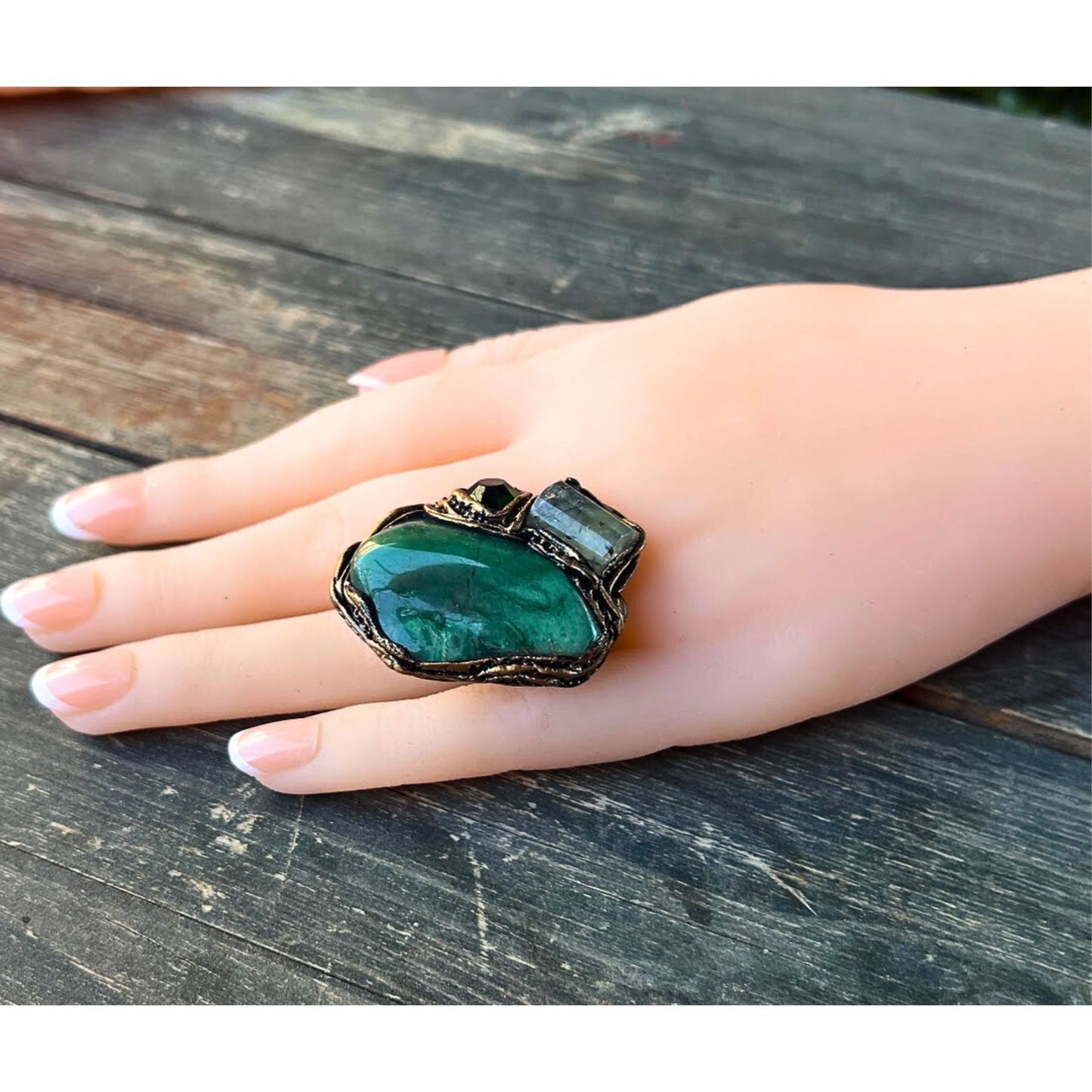 Buddstone and Prehnite Chunky Large Stone Ring, Statement Huge Oversized Cocktail Ring