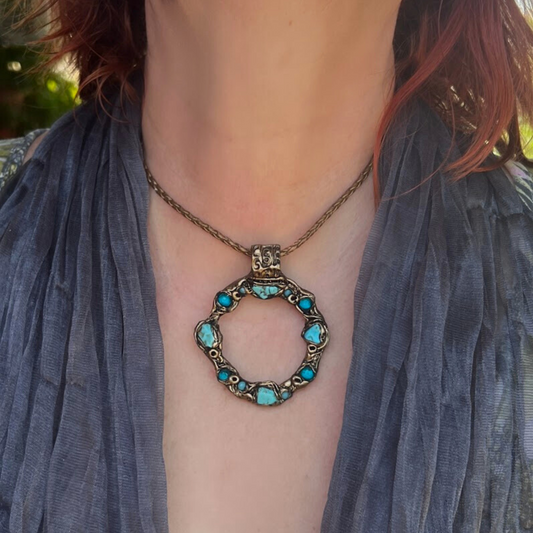 Turquoise Boho Statement Round Necklace, Raw Blue Crystal Circle Necklace