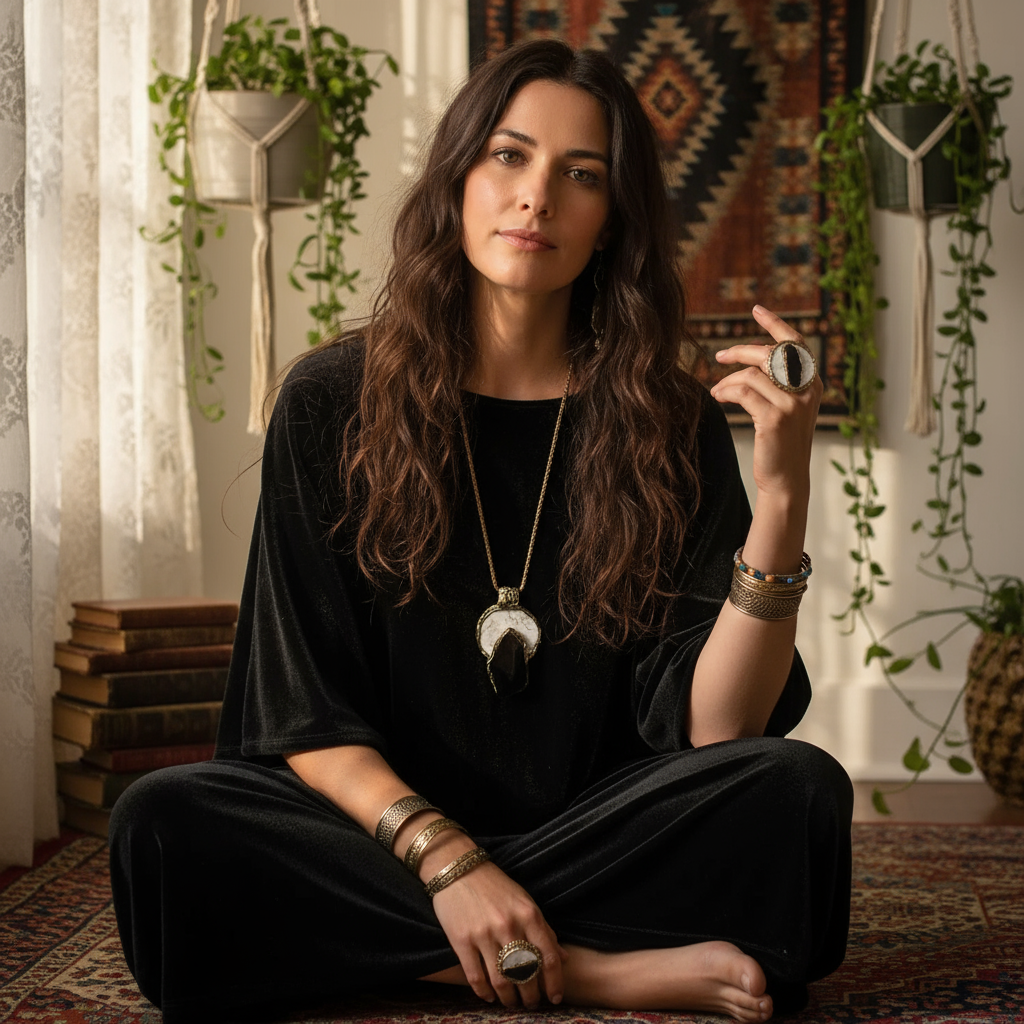 Chunky Black White Round Gemstone Ring with Hawkeye & Howlite - Bold Cocktail Statement