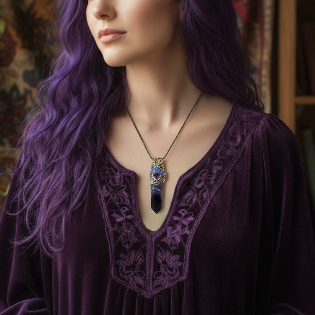 Chevron Amethyst & Raw Tanzanite Protection Amulet Necklace - Gemstone Jewelry for Spiritual Gifts