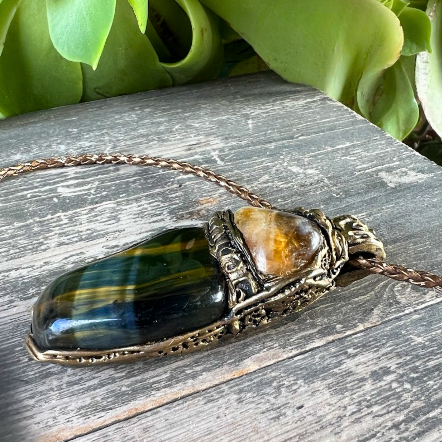 Tiger’s Eye & Citrine Protection Necklace – Crystal Amulet Pendant, Statement Gemstone Jewelry