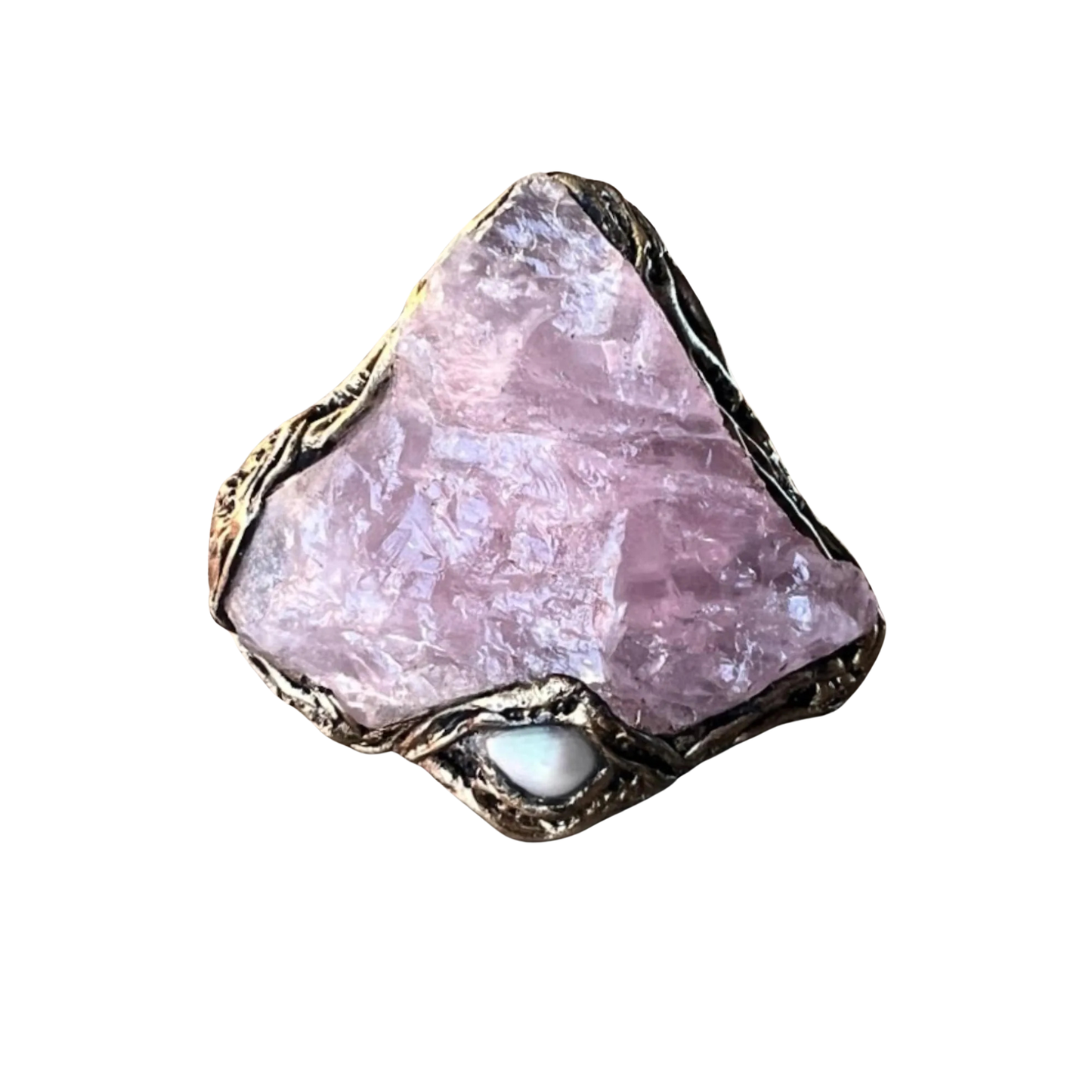 Chunky Raw Rose Quartz & Pearl Ring, Oversized Bold Pink Stone Cocktail Ring