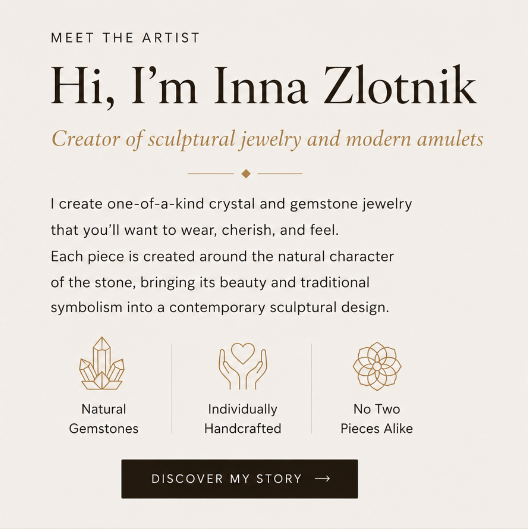A promotional text graphic for Inna Zlotnik, creator of sculptural jewelry and modern amulets, with a beige background, black serif text, and three small line icons representing natural gemstones, individually handcrafted design, and no two pieces alike.