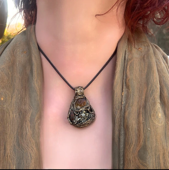 Citrine & Pyrite crystal necklace, good luck wealth amulet