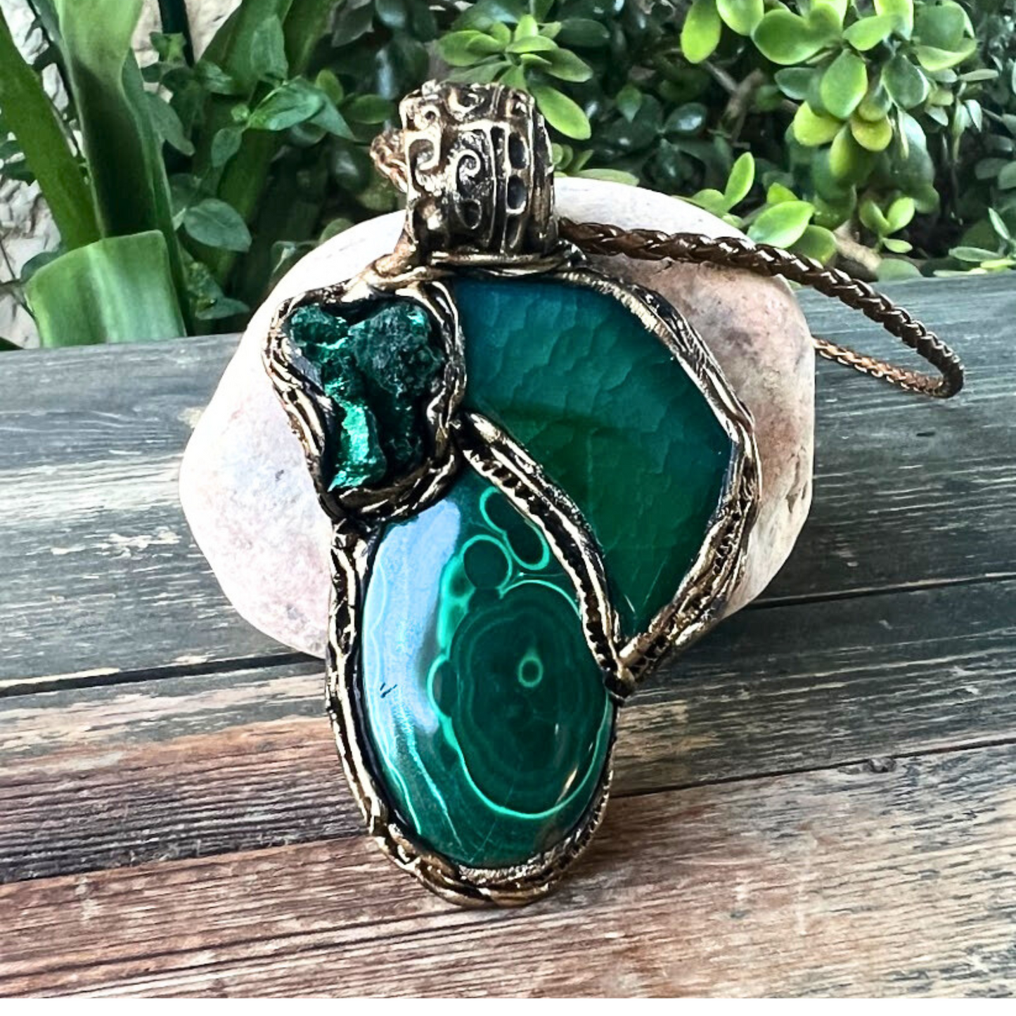 Raw Malachite & Agate Green Large Stone Amulet Necklace