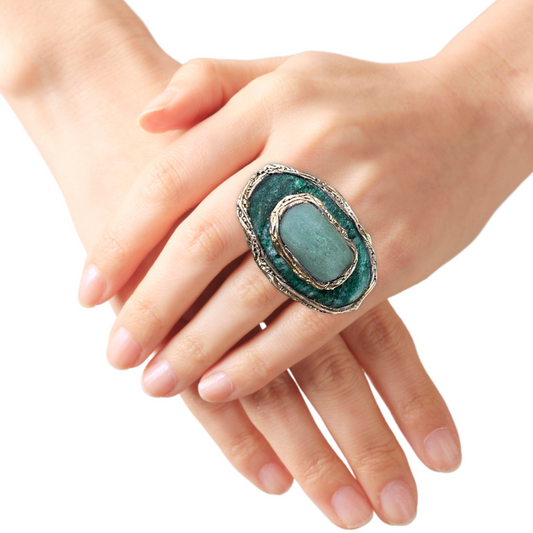 Dark and Light Aventurine Green Stone Ring - Bold Statement Jewelry