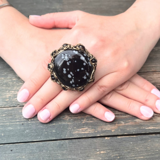 Snowflake Obsidian Chunky Black Stone Circle Ring, Round Large Cocktail Ring