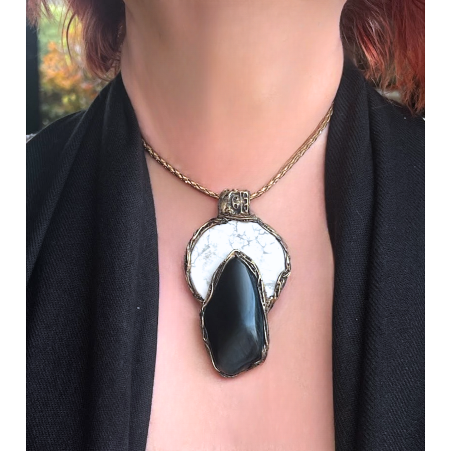 Black White Chunky Pendant with Hawkeye & Howlite - Statement Gemstone Necklace