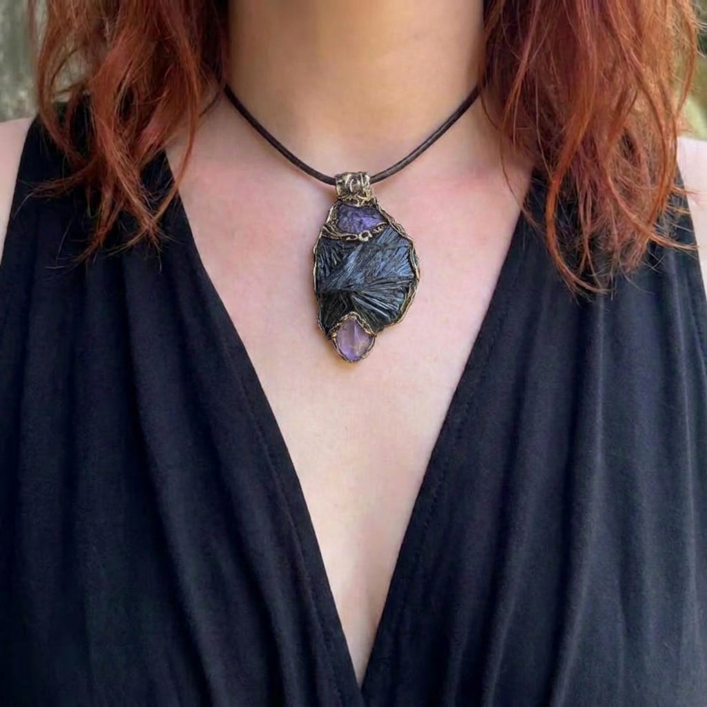 Black Kyanite & Amethyst Empath protection amulet necklace.