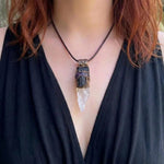 Black Tourmaline, Calcite and Amethyst pendant necklace with natural gemstones, handcrafted one-of-a-kind empath protection amulet.