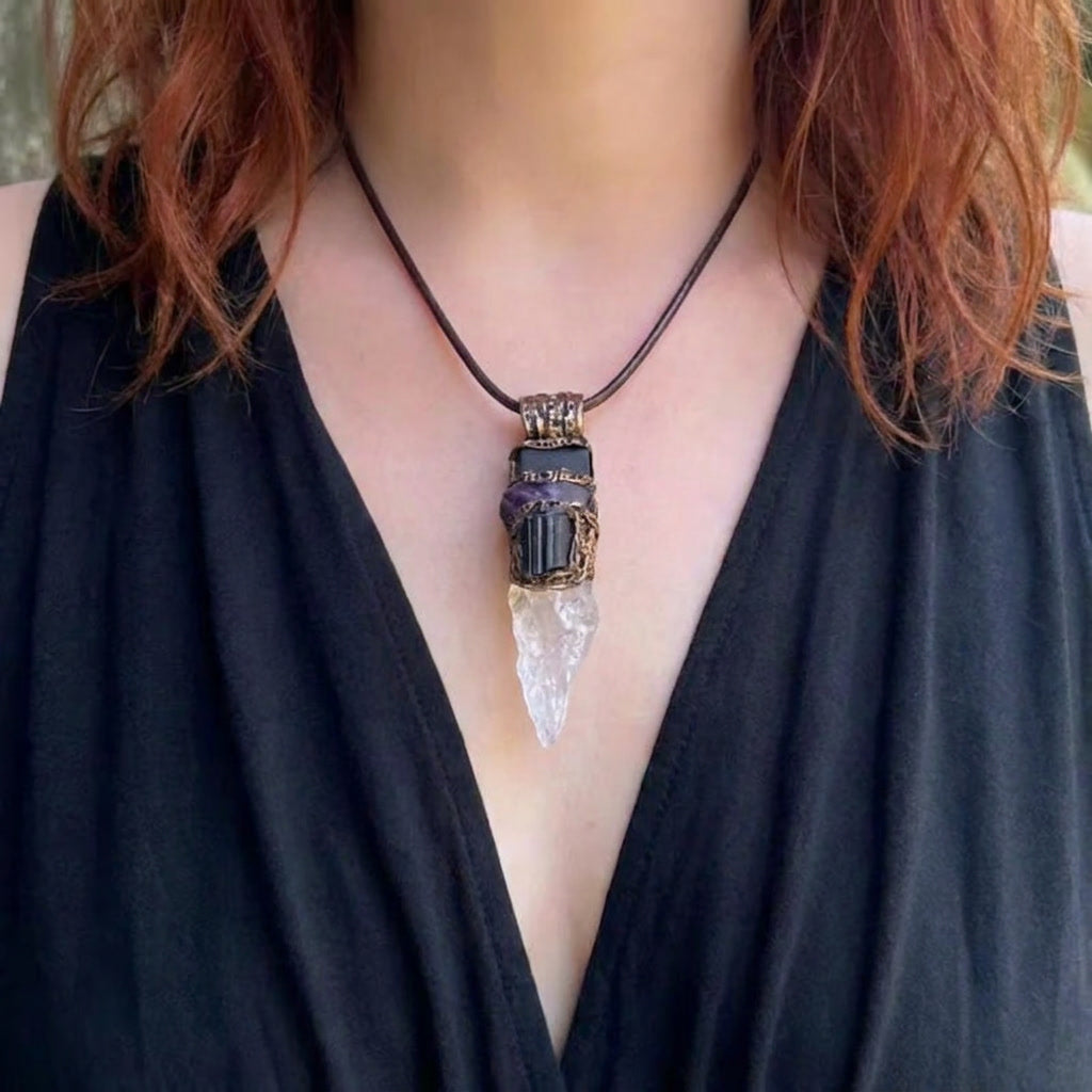 Black Tourmaline, Calcite and Amethyst pendant necklace with natural gemstones, handcrafted one-of-a-kind empath protection amulet.