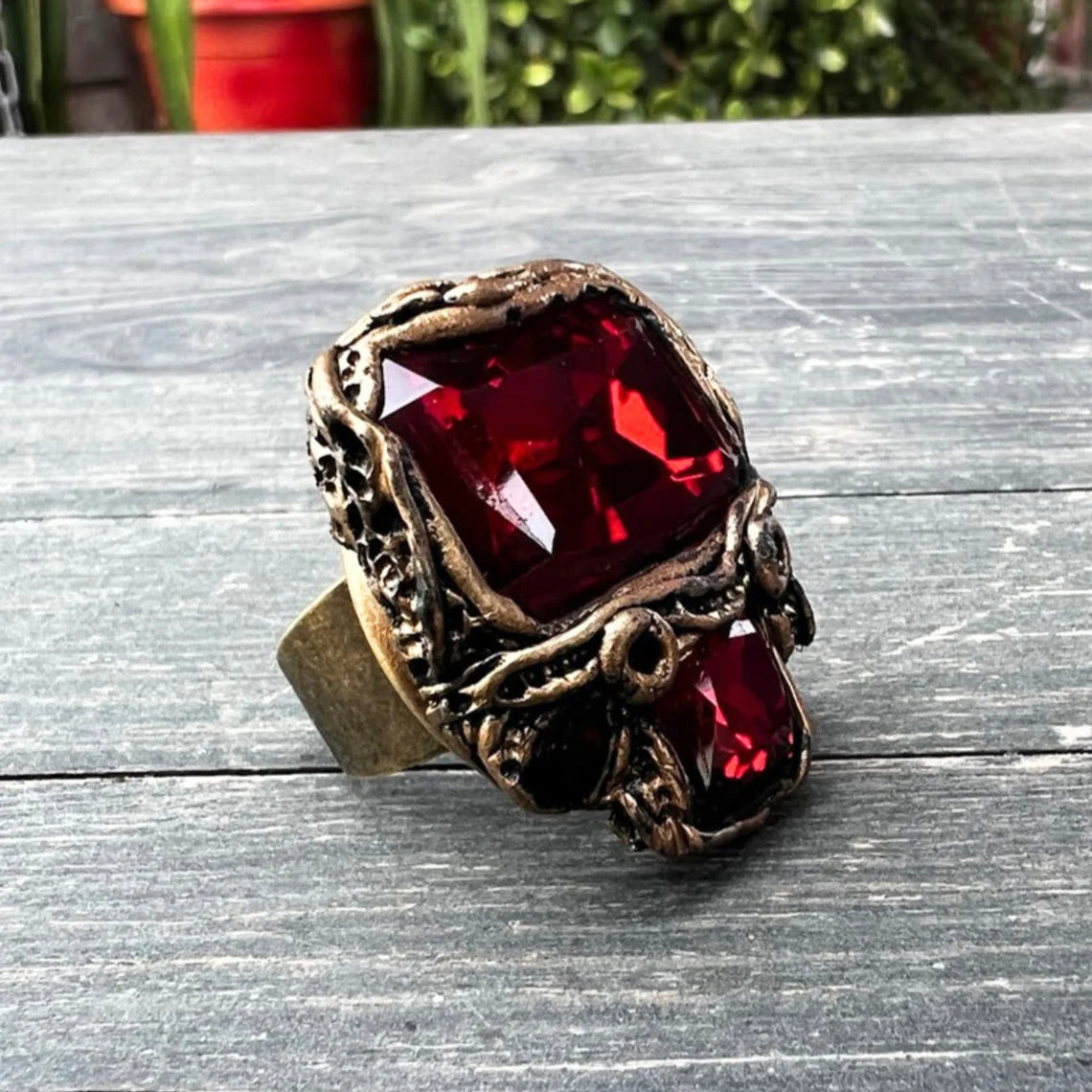 Chunky Dark Red Crystal Ring with Garnet CZ - Bold Cocktail Ring