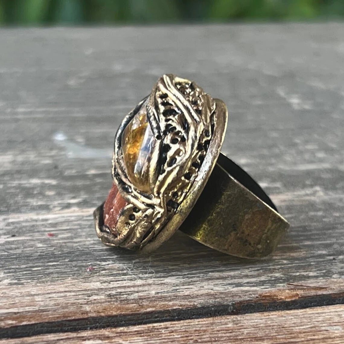 Citrine, Pyrite and Sunstone Raw Crystal Wealth Ring, Lucky Ring