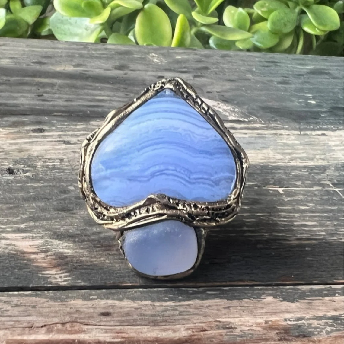 Blue Heart Ring with Agate & Chalcedony  - Statement Chunky Gemstone Jewelry