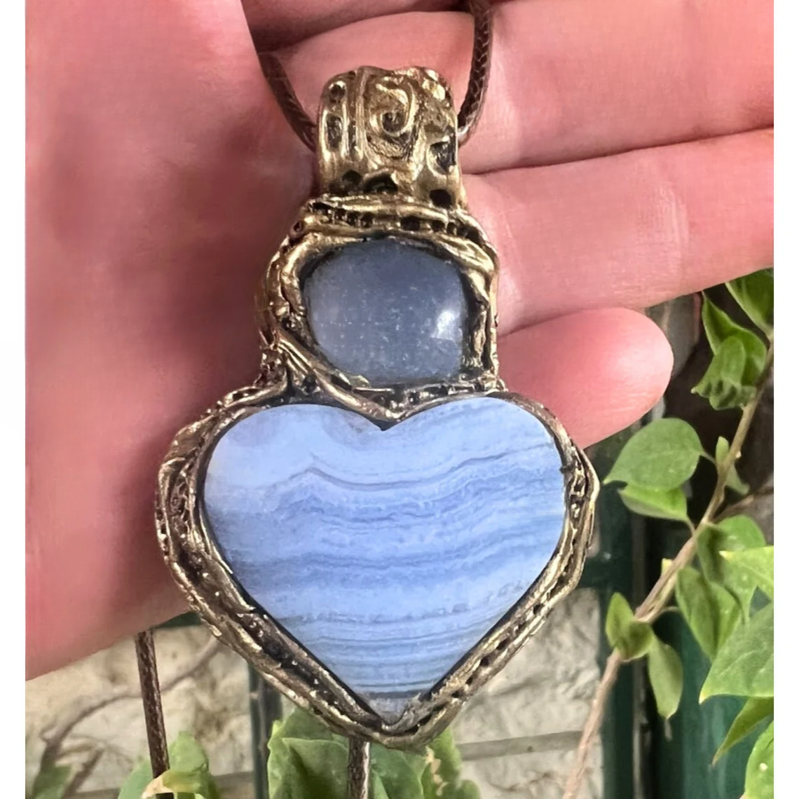 Heart Necklace with Blue Lace Agate & Chalcedony - Statement Crystal Pendants