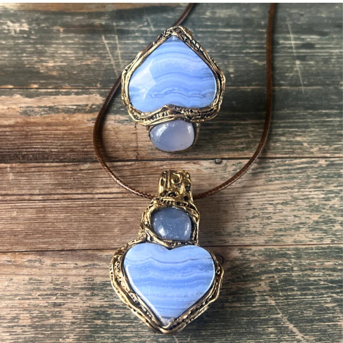 Heart Necklace with Blue Lace Agate & Chalcedony - Statement Crystal Pendants